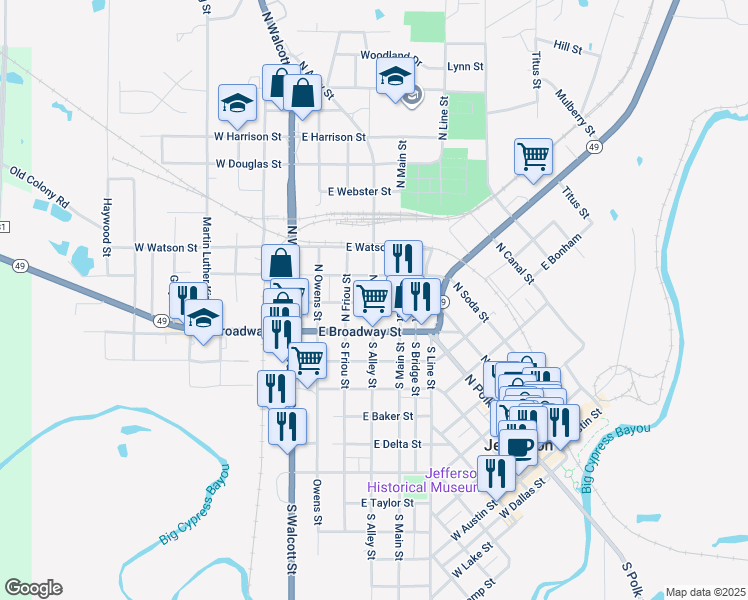 map of restaurants, bars, coffee shops, grocery stores, and more near 207 North Alley Street in Jefferson