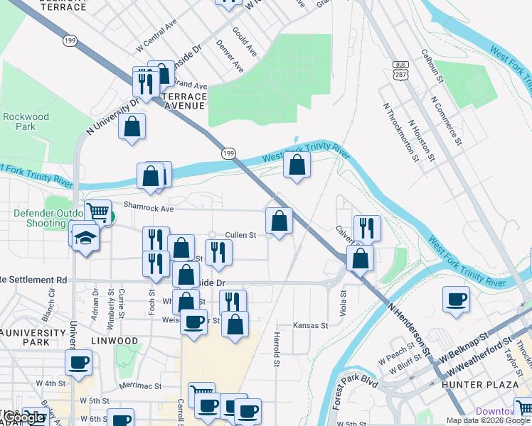map of restaurants, bars, coffee shops, grocery stores, and more near 2401 Shamrock Avenue in Fort Worth
