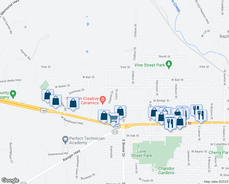 map of restaurants, bars, coffee shops, grocery stores, and more near 305 Case Street in Weatherford