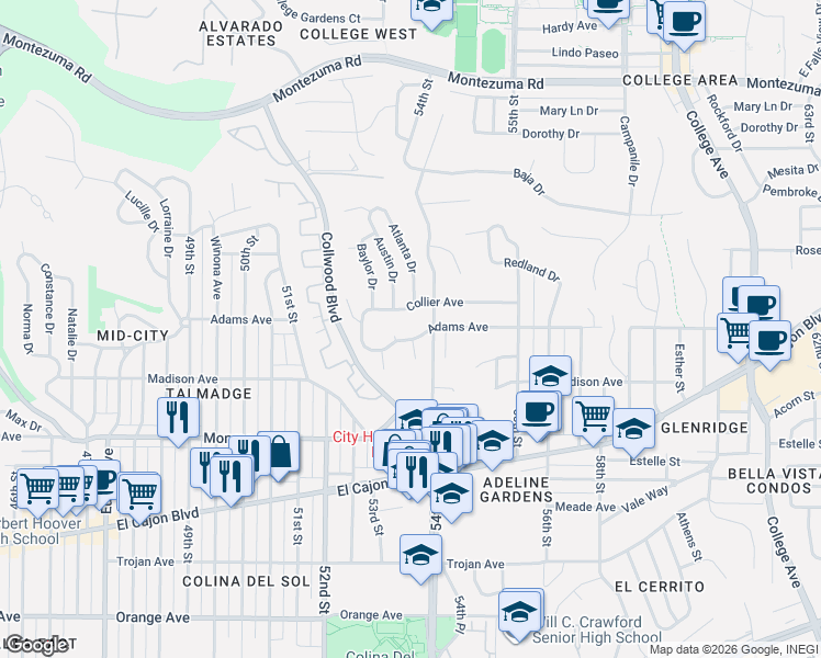 map of restaurants, bars, coffee shops, grocery stores, and more near 5339 Collier Avenue in San Diego