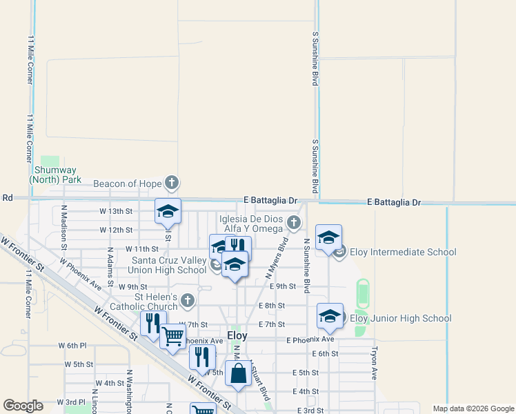 map of restaurants, bars, coffee shops, grocery stores, and more near 102 East 13th Street in Eloy