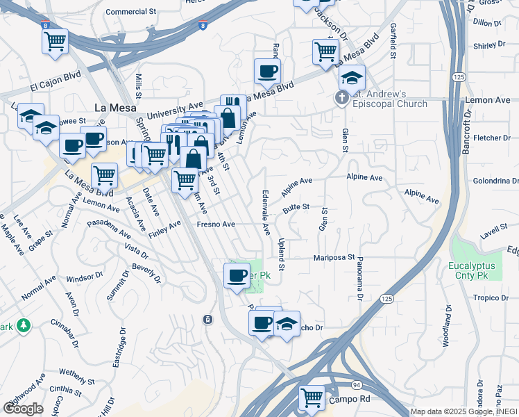 map of restaurants, bars, coffee shops, grocery stores, and more near 8524 Alpine Avenue in La Mesa