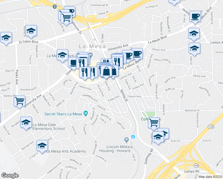 map of restaurants, bars, coffee shops, grocery stores, and more near 4670 Date Avenue in La Mesa