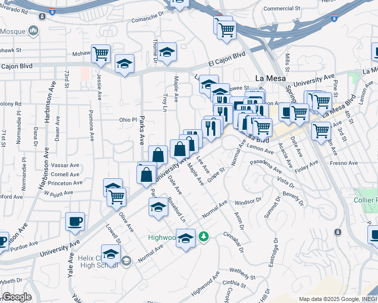 map of restaurants, bars, coffee shops, grocery stores, and more near 4632 Lee Avenue in La Mesa