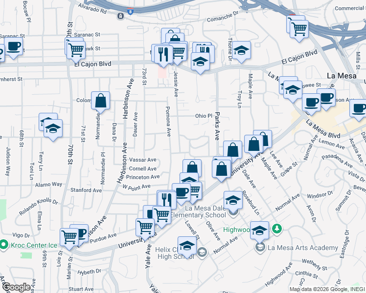 map of restaurants, bars, coffee shops, grocery stores, and more near 4626 Jessie Avenue in La Mesa