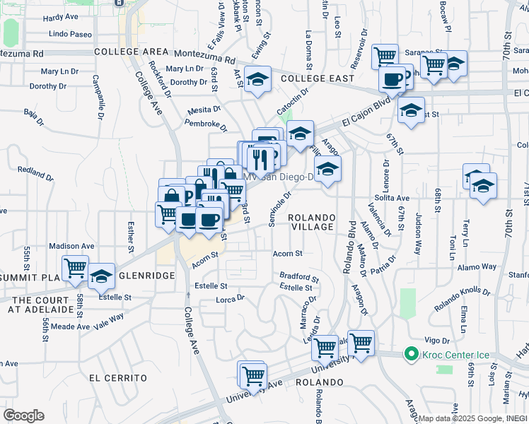 map of restaurants, bars, coffee shops, grocery stores, and more near 6317 El Cajon Boulevard in San Diego