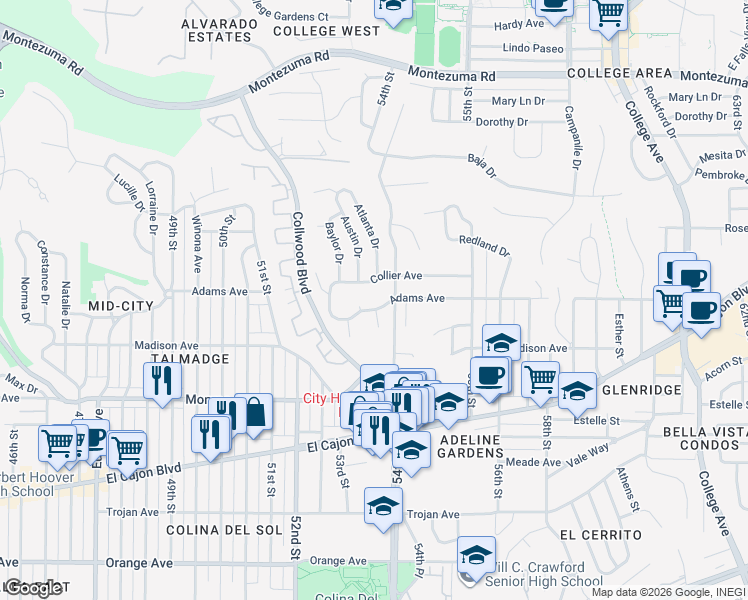 map of restaurants, bars, coffee shops, grocery stores, and more near 5339 Collier Avenue in San Diego