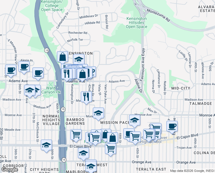 map of restaurants, bars, coffee shops, grocery stores, and more near 4277 Adams Avenue in San Diego