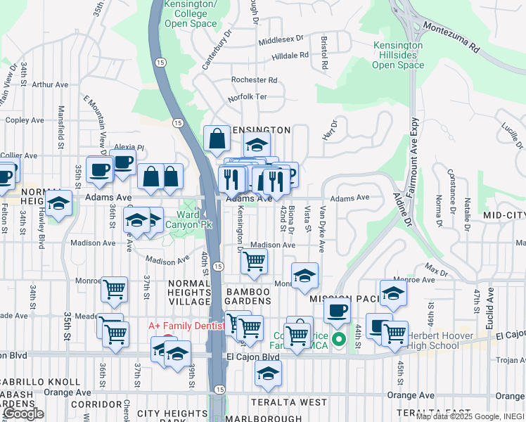 map of restaurants, bars, coffee shops, grocery stores, and more near in San Diego