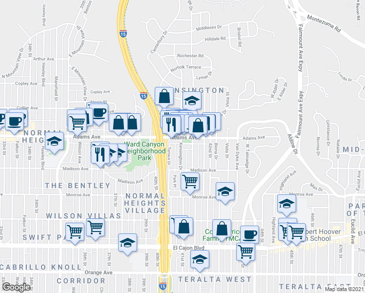 map of restaurants, bars, coffee shops, grocery stores, and more near in San Diego