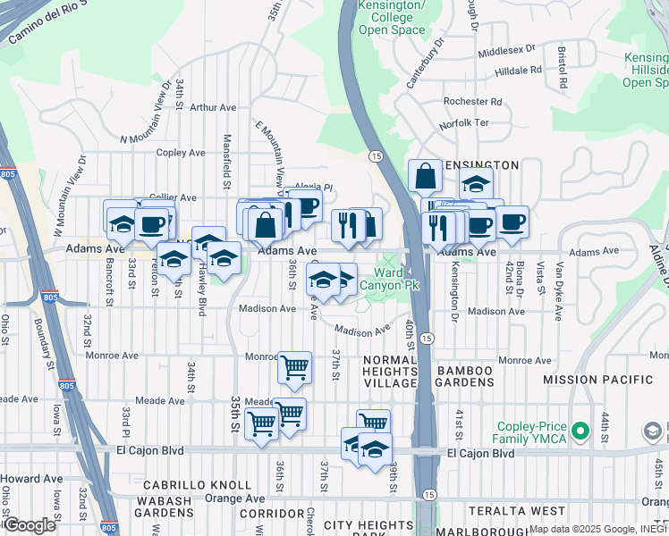 map of restaurants, bars, coffee shops, grocery stores, and more near 4688 East Mountain View Drive in San Diego