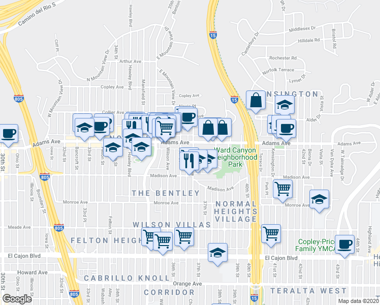 map of restaurants, bars, coffee shops, grocery stores, and more near 4683 Cherokee Avenue in San Diego