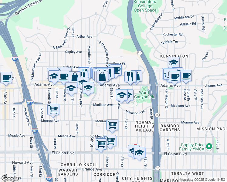 map of restaurants, bars, coffee shops, grocery stores, and more near 3585 Adams Avenue in San Diego