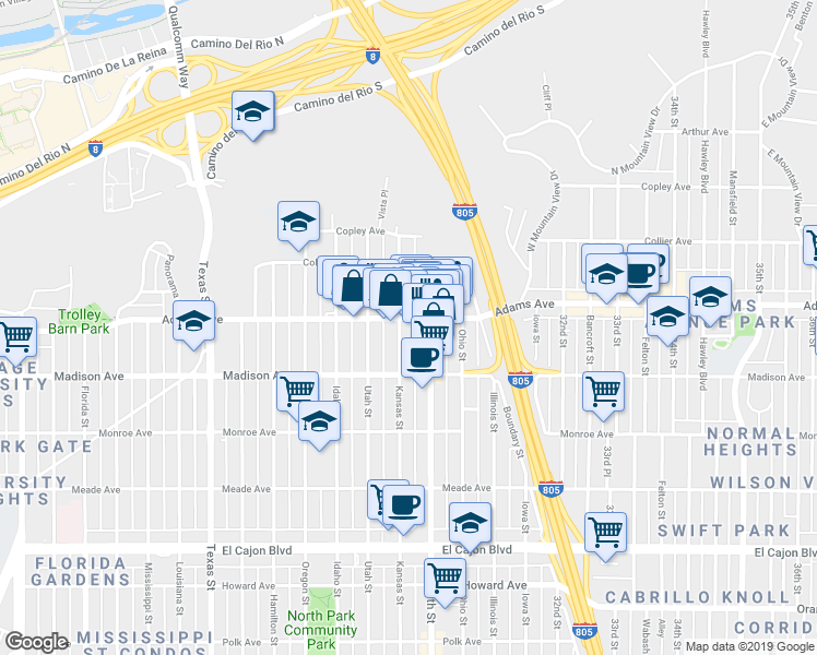 map of restaurants, bars, coffee shops, grocery stores, and more near in San Diego