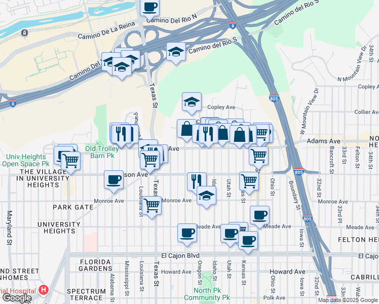 map of restaurants, bars, coffee shops, grocery stores, and more near 2520 Adams Avenue in San Diego