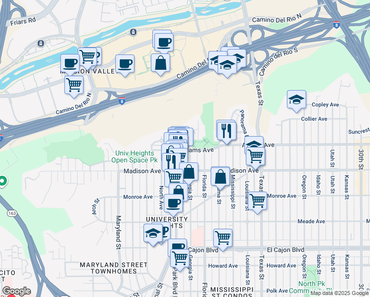 map of restaurants, bars, coffee shops, grocery stores, and more near 1823 Carmelina Drive in San Diego