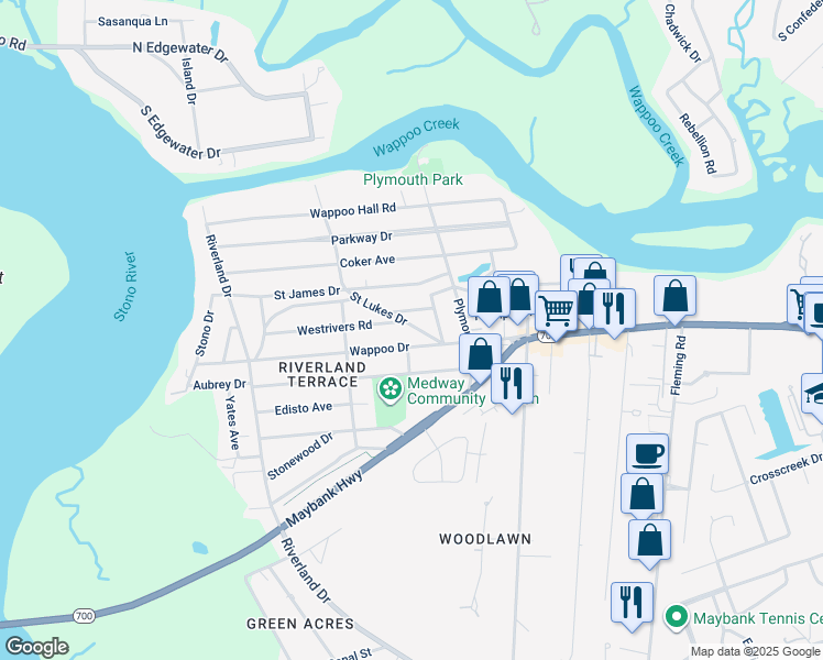 map of restaurants, bars, coffee shops, grocery stores, and more near 167 Clark Avenue in Charleston