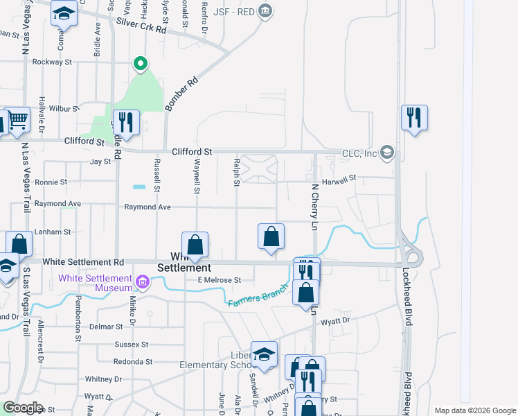 map of restaurants, bars, coffee shops, grocery stores, and more near 8032 Raymond Avenue in Fort Worth