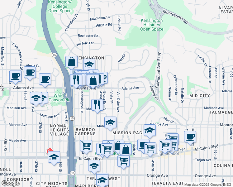 map of restaurants, bars, coffee shops, grocery stores, and more near 4277 Adams Avenue in San Diego