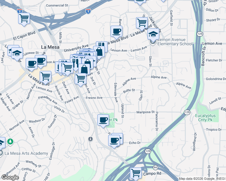 map of restaurants, bars, coffee shops, grocery stores, and more near 4626-28 Edenvale Avenue in La Mesa