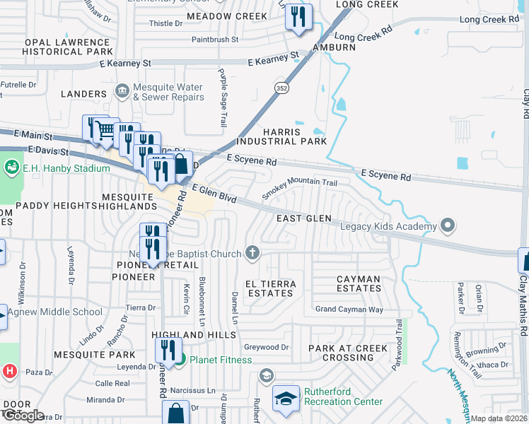map of restaurants, bars, coffee shops, grocery stores, and more near 1501 East Glen Boulevard in Mesquite