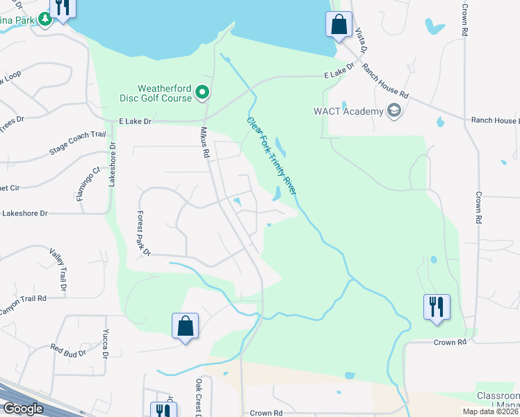 map of restaurants, bars, coffee shops, grocery stores, and more near 1117 Reata Drive in Weatherford