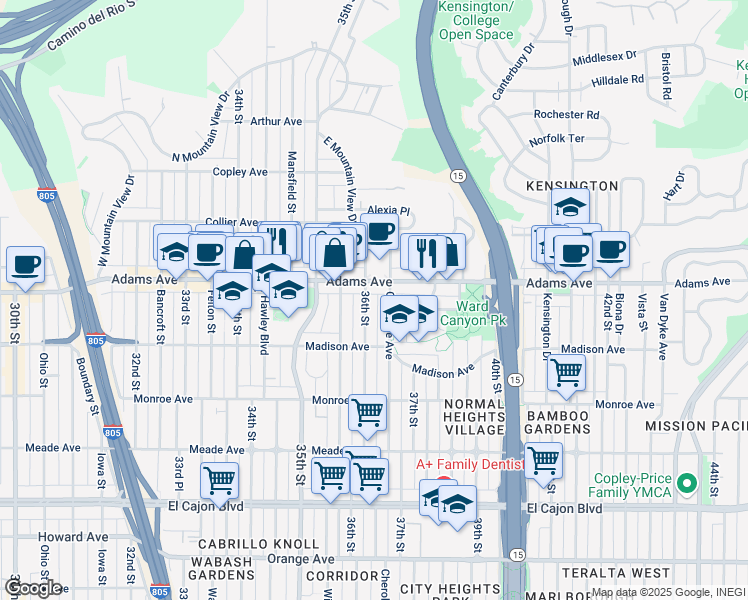 map of restaurants, bars, coffee shops, grocery stores, and more near 4669 36th Street in San Diego
