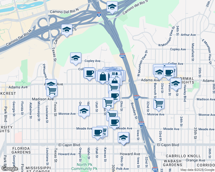 map of restaurants, bars, coffee shops, grocery stores, and more near 2940 Adams Avenue in San Diego