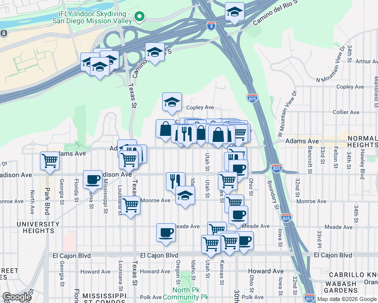 map of restaurants, bars, coffee shops, grocery stores, and more near 2777 Adams Avenue in San Diego