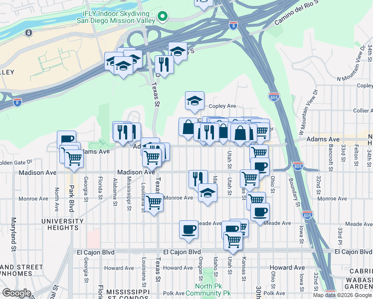 map of restaurants, bars, coffee shops, grocery stores, and more near 2520 Adams Avenue in San Diego