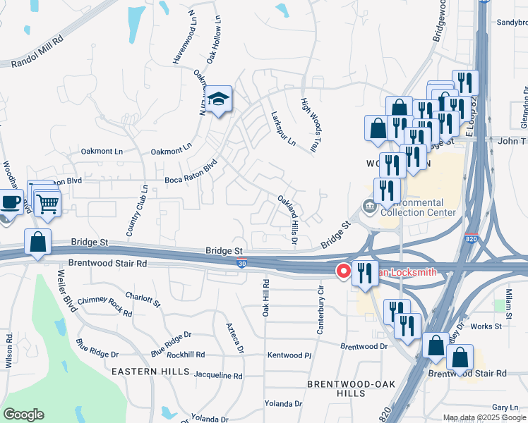 map of restaurants, bars, coffee shops, grocery stores, and more near 6050 Oakland Hills Drive in Fort Worth