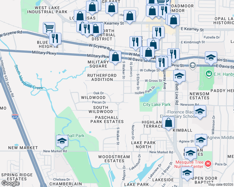 map of restaurants, bars, coffee shops, grocery stores, and more near 607 Elm Circle in Mesquite