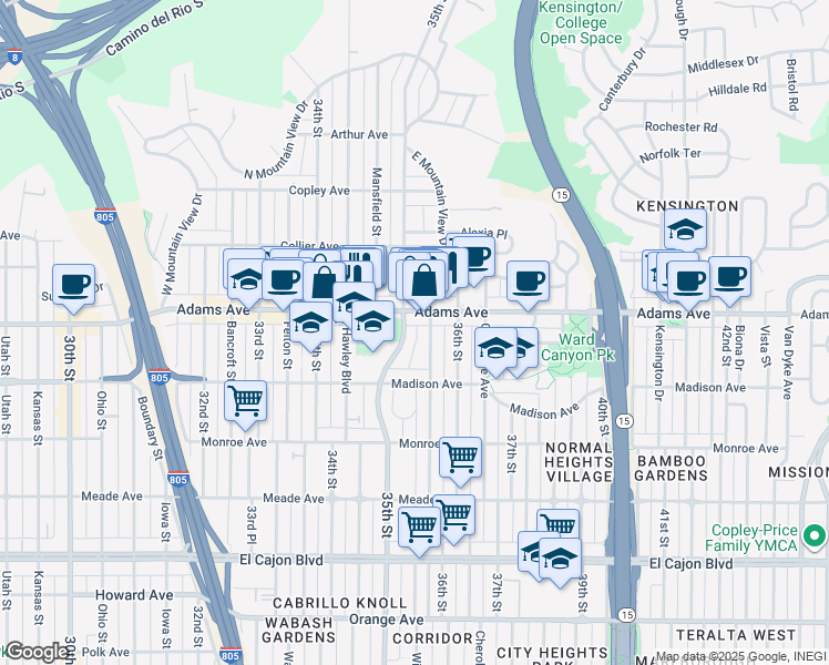 map of restaurants, bars, coffee shops, grocery stores, and more near 4675 35th Street in San Diego