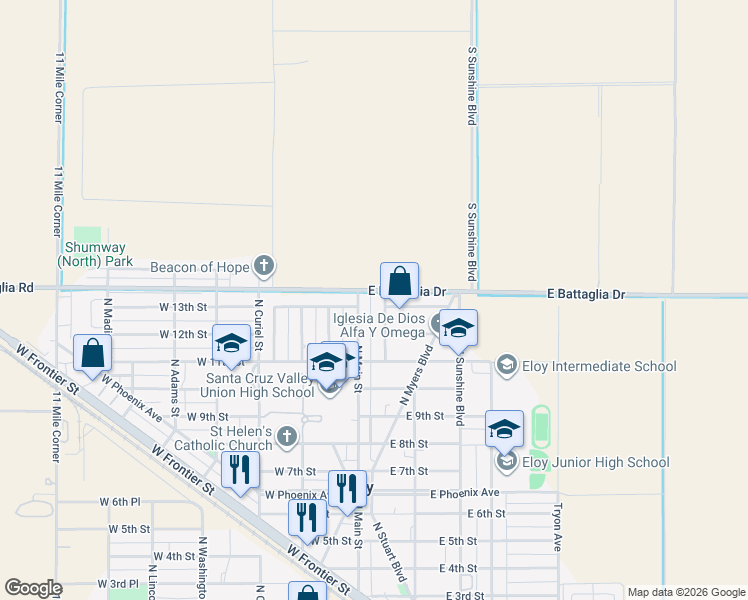 map of restaurants, bars, coffee shops, grocery stores, and more near 102 East 13th Street in Eloy