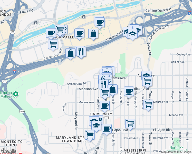 map of restaurants, bars, coffee shops, grocery stores, and more near 1644 Adams Avenue in San Diego