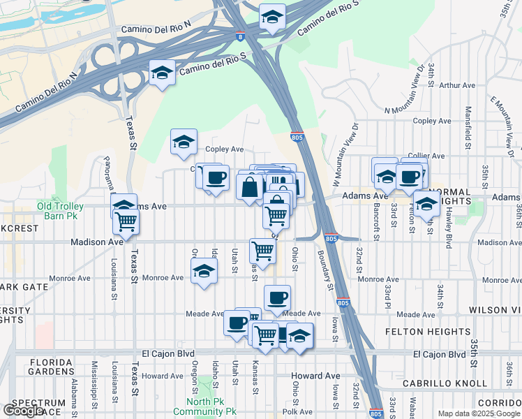 map of restaurants, bars, coffee shops, grocery stores, and more near 2911 Adams Avenue in San Diego