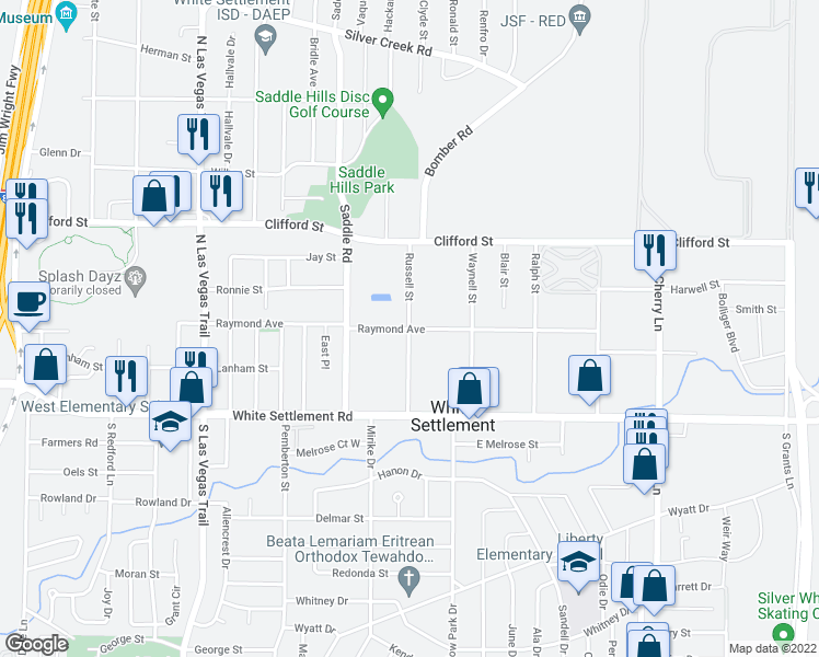map of restaurants, bars, coffee shops, grocery stores, and more near Raymond Ave & Russell St in White Settlement