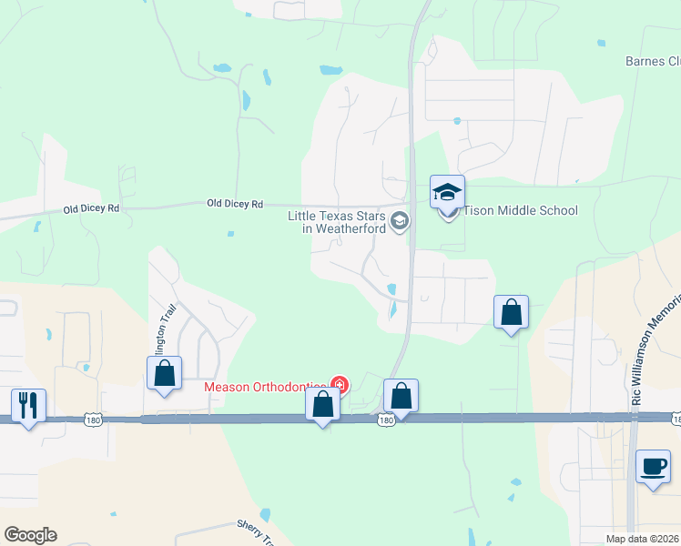 map of restaurants, bars, coffee shops, grocery stores, and more near 2057 Mason Pond Drive in Weatherford