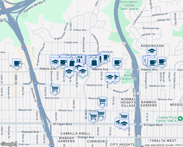 map of restaurants, bars, coffee shops, grocery stores, and more near 4675 35th Street in San Diego