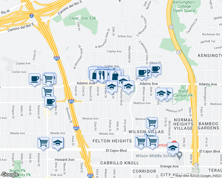 map of restaurants, bars, coffee shops, grocery stores, and more near 4670 34th Street in San Diego