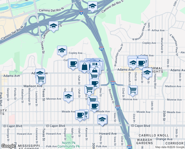 map of restaurants, bars, coffee shops, grocery stores, and more near in San Diego