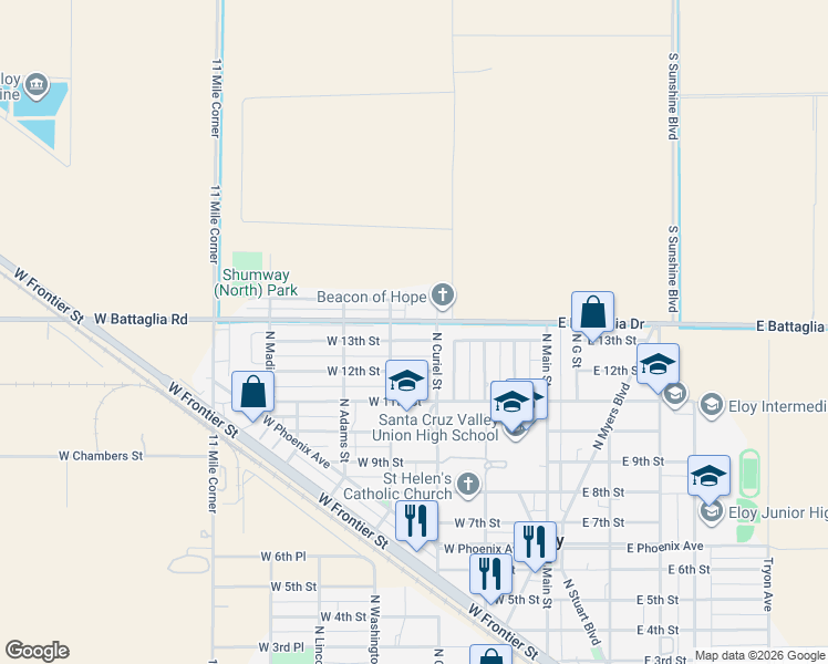 map of restaurants, bars, coffee shops, grocery stores, and more near 232 West Battaglia Road in Eloy
