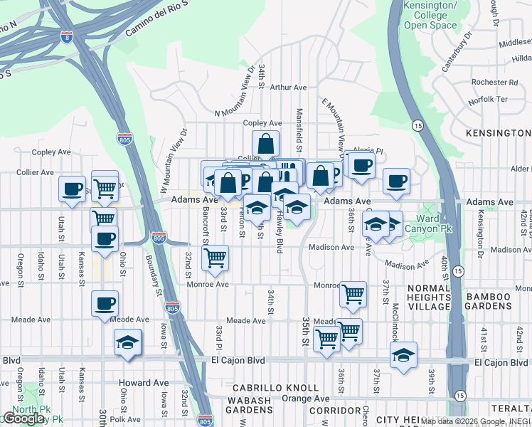map of restaurants, bars, coffee shops, grocery stores, and more near in San Diego