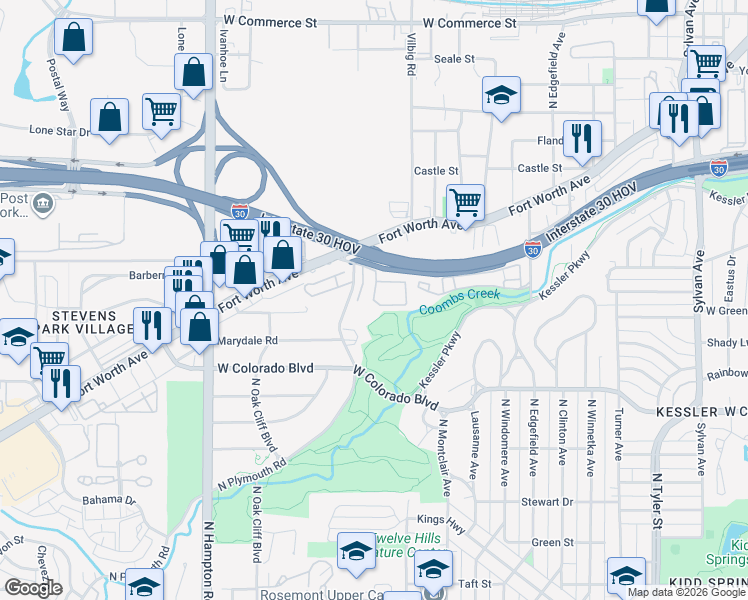 map of restaurants, bars, coffee shops, grocery stores, and more near 1330 Winding Brook Lane in Dallas