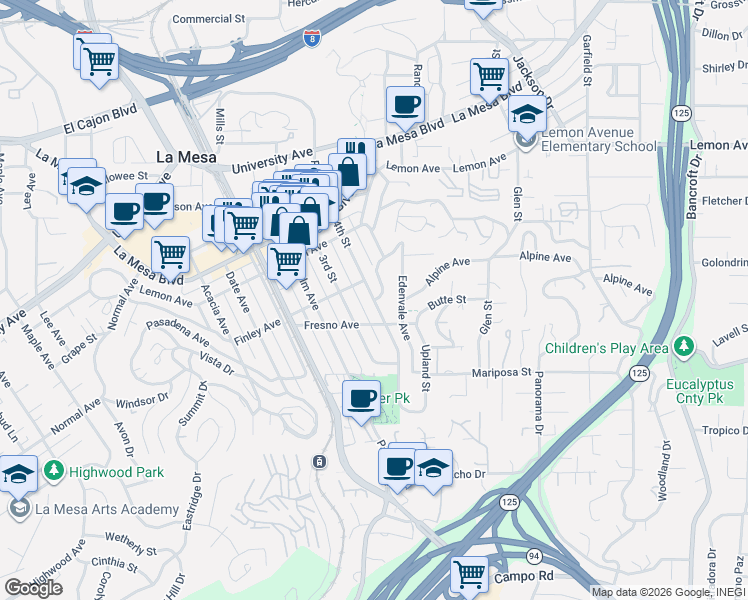 map of restaurants, bars, coffee shops, grocery stores, and more near 4579 4th Street in La Mesa
