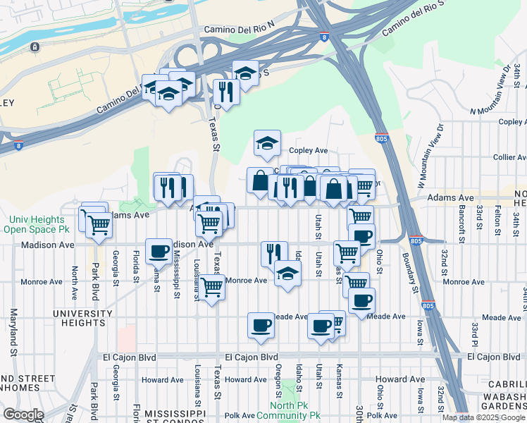 map of restaurants, bars, coffee shops, grocery stores, and more near 2520 Adams Avenue in San Diego