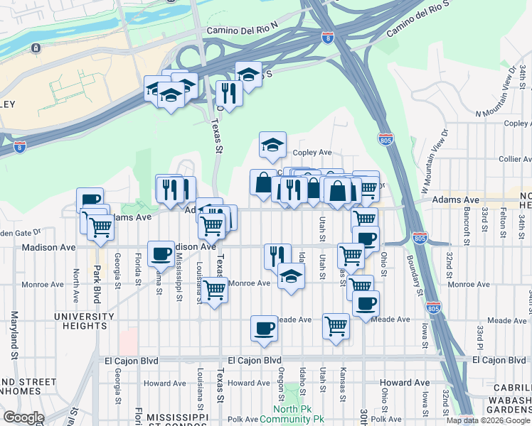 map of restaurants, bars, coffee shops, grocery stores, and more near 2520 Adams Avenue in San Diego