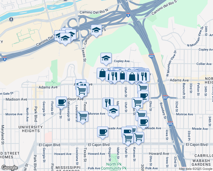 map of restaurants, bars, coffee shops, grocery stores, and more near 2625 Adams Avenue in San Diego