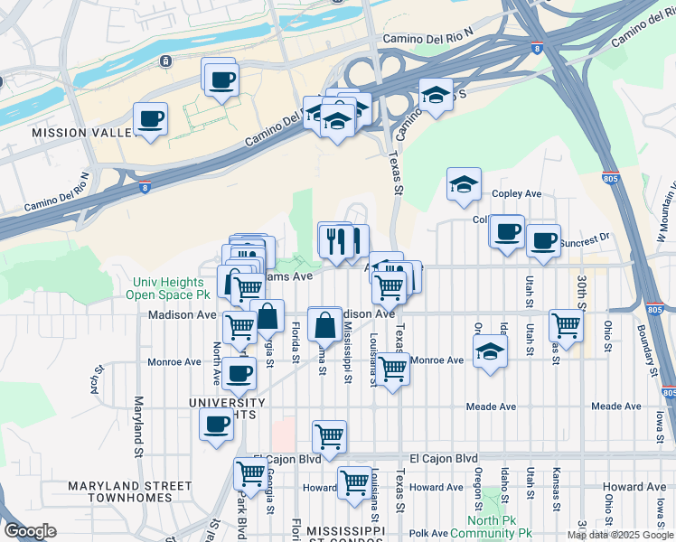 map of restaurants, bars, coffee shops, grocery stores, and more near 4702 Panorama Drive in San Diego
