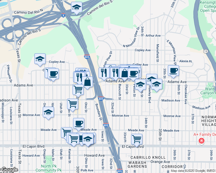 map of restaurants, bars, coffee shops, grocery stores, and more near 4669 Iowa Street in San Diego